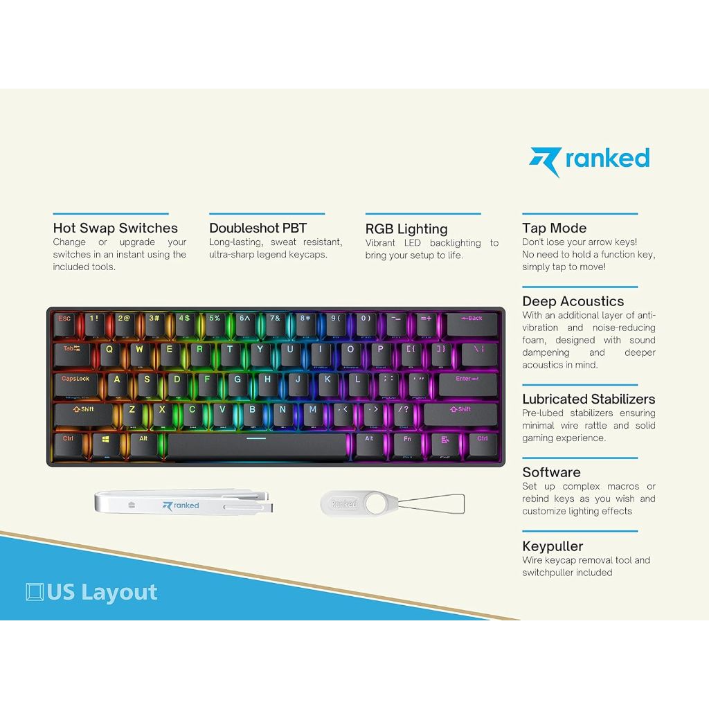 Ranked S60 Supernova 60% Form Factor Hot Swappable Mechanical Gaming Keyboard, Multi-Color RGB LED Backlit - Black, Gateron Optical Blue