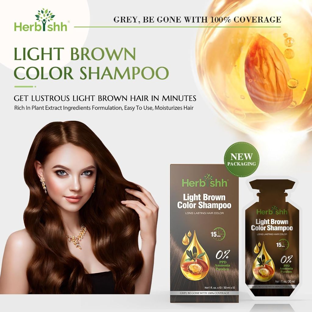 Herbishh Light Brown Hair Shampoo, Hair Color for Gray Coverage, 3 in 1 Hair Dye Shampoo - 30mlx10p