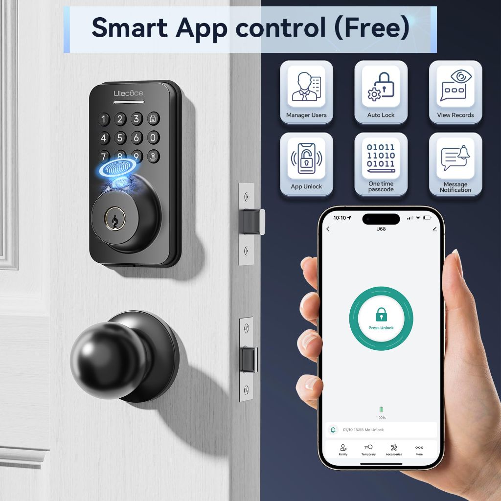 Ulecoce Fingerprint Smart Deadbolt with Keypad, App Control, and Auto-Lock