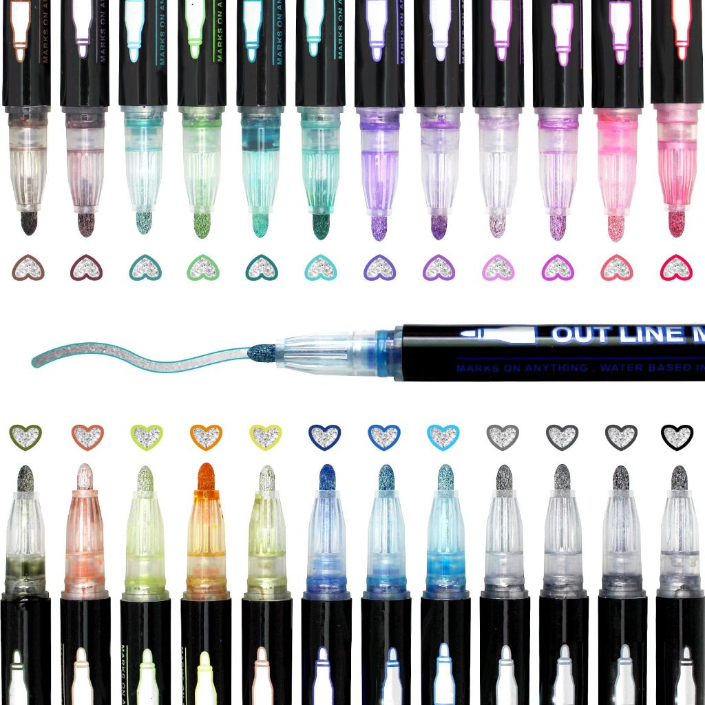 24 Colors Shimmer Markers Super Squiggles Outline Markers Set Double Line Outline Pens Self Outline Metallic Markers for Drawing
