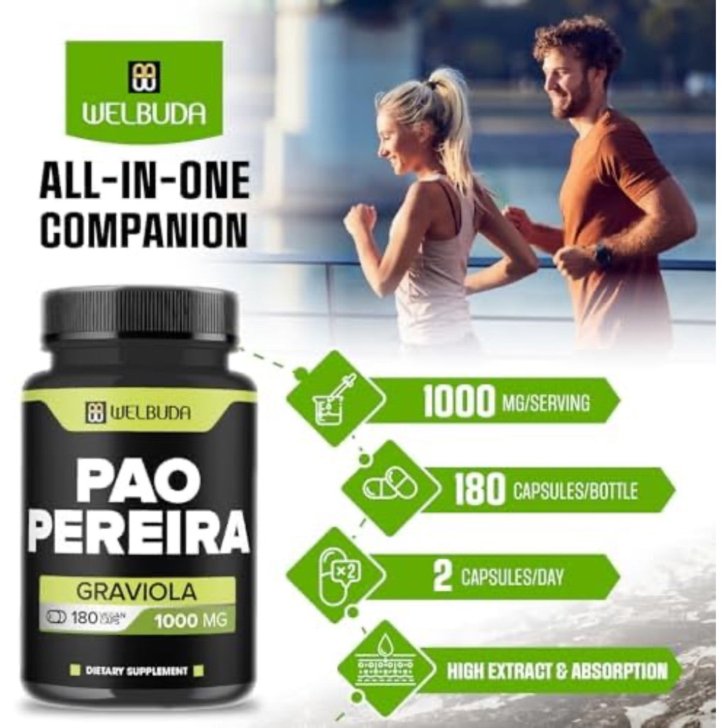 180 Capsules - 600mg Pao Pereira Herb Extract 10:1 with 400mg Graviola Soursop - Combined Formula for Immune System, Comfortable Mind, Body Management & Strength Support