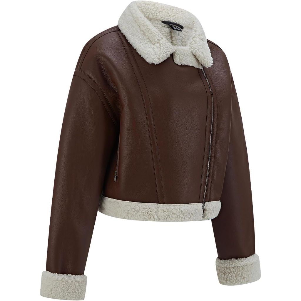 SZ S Women's Faux Shearing Moto Jacket Thick Fur Lined Coat Sherpa Leather Jacket | BROWN