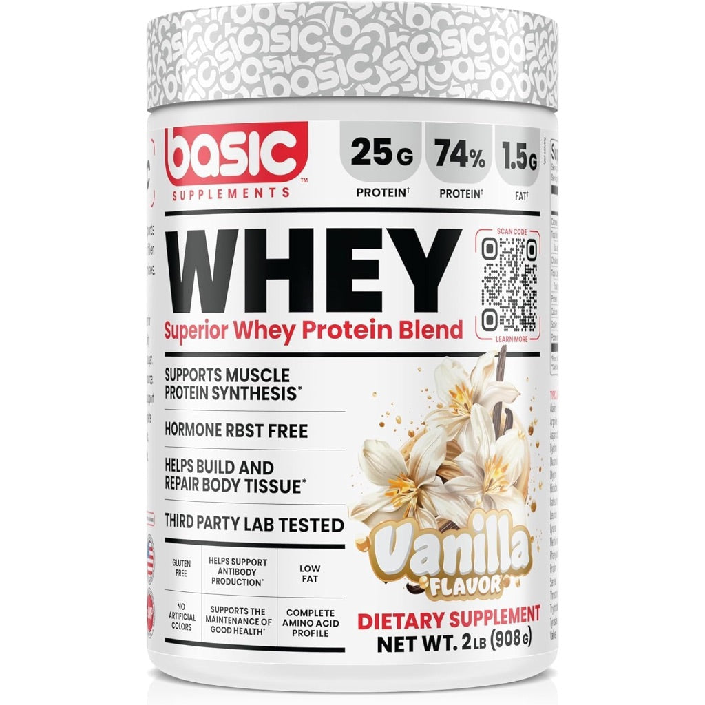 Basic Supplements Superior Whey Protein Blend Powder, Vanilla, 2lb