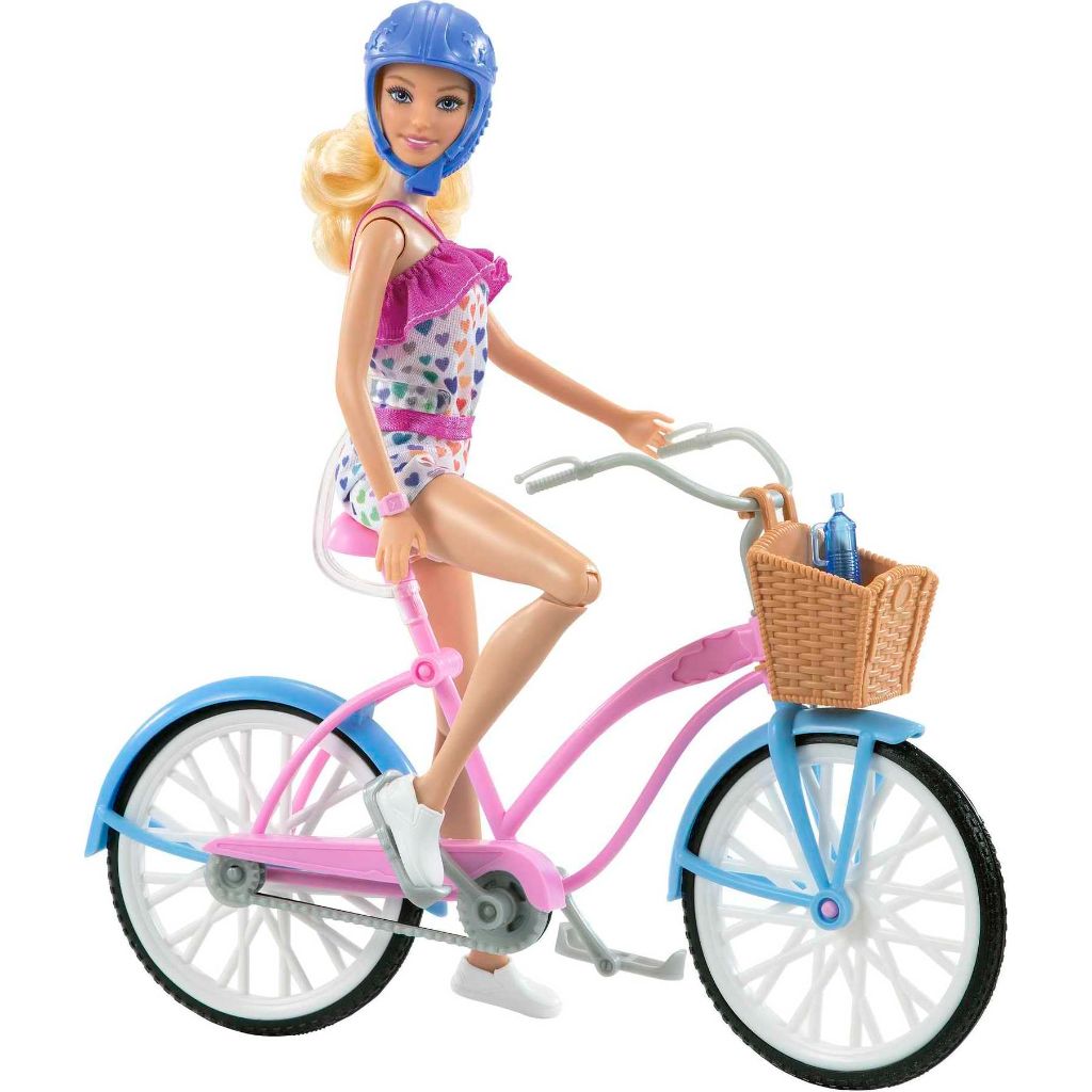 Barbie Doll and Bike Playset with Doll (11.5 in, Blonde), Bicycle with Rolling Wheels & Water Bottle Accessory
