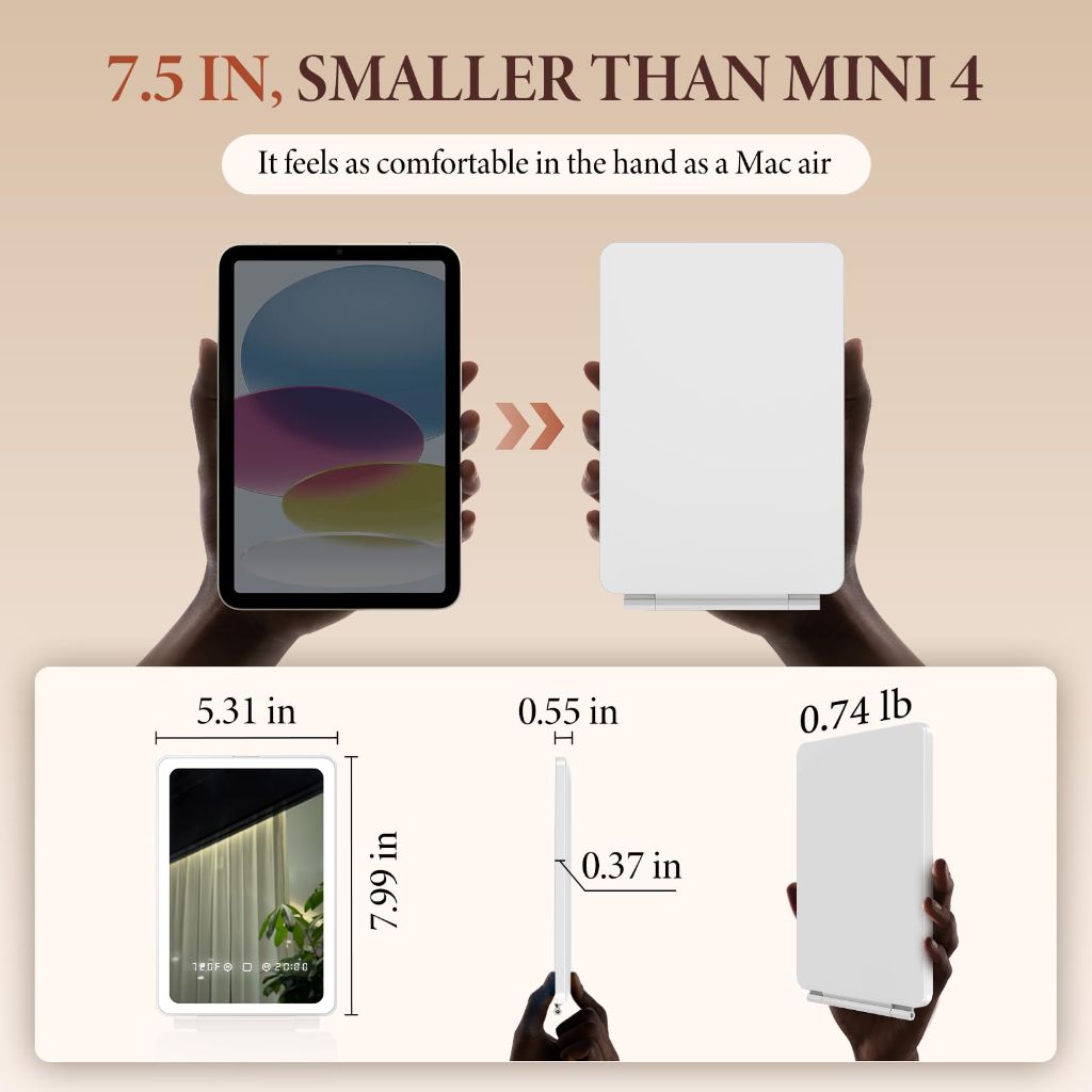 Travel Makeup Mirror with Time & Temperature Display, 7.5" Foldable Lighted Mirror