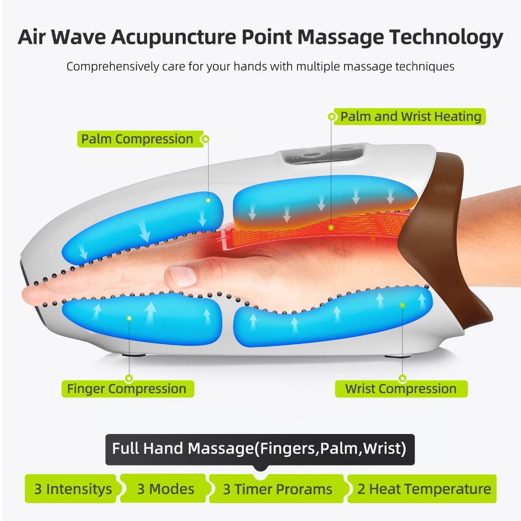 Ezencon Hand Massager with 2 Heat Settings, 3 Compression Modes & 3 Timer Options