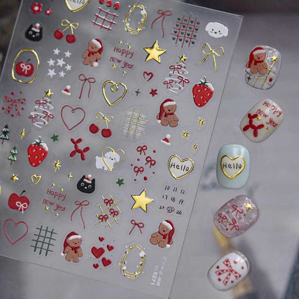 Tomoni Holiday Nail Art Stickers, Self-Adhesive Christmas Tree, Bear, Strawberry