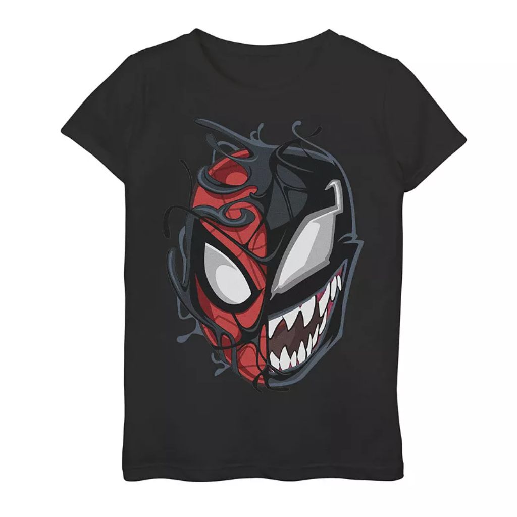 Girls' Marvel Spider-Man Peter Venom Split Face Tee - Black, Size Medium