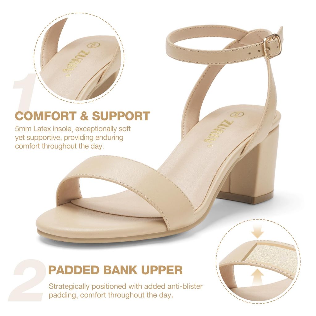 SZ 9, ZURIN Women's Nude Low Block Heels, Open Toe Chunky Heeled Sandals with Ankle Strap | 2.24 inch