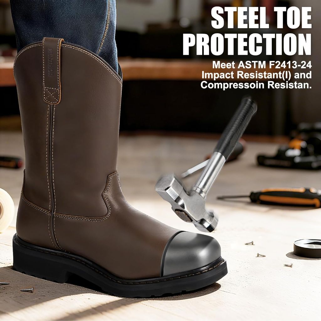 Hunthor Men's Steel Toe Work Boots - Dark Brown, Size 10