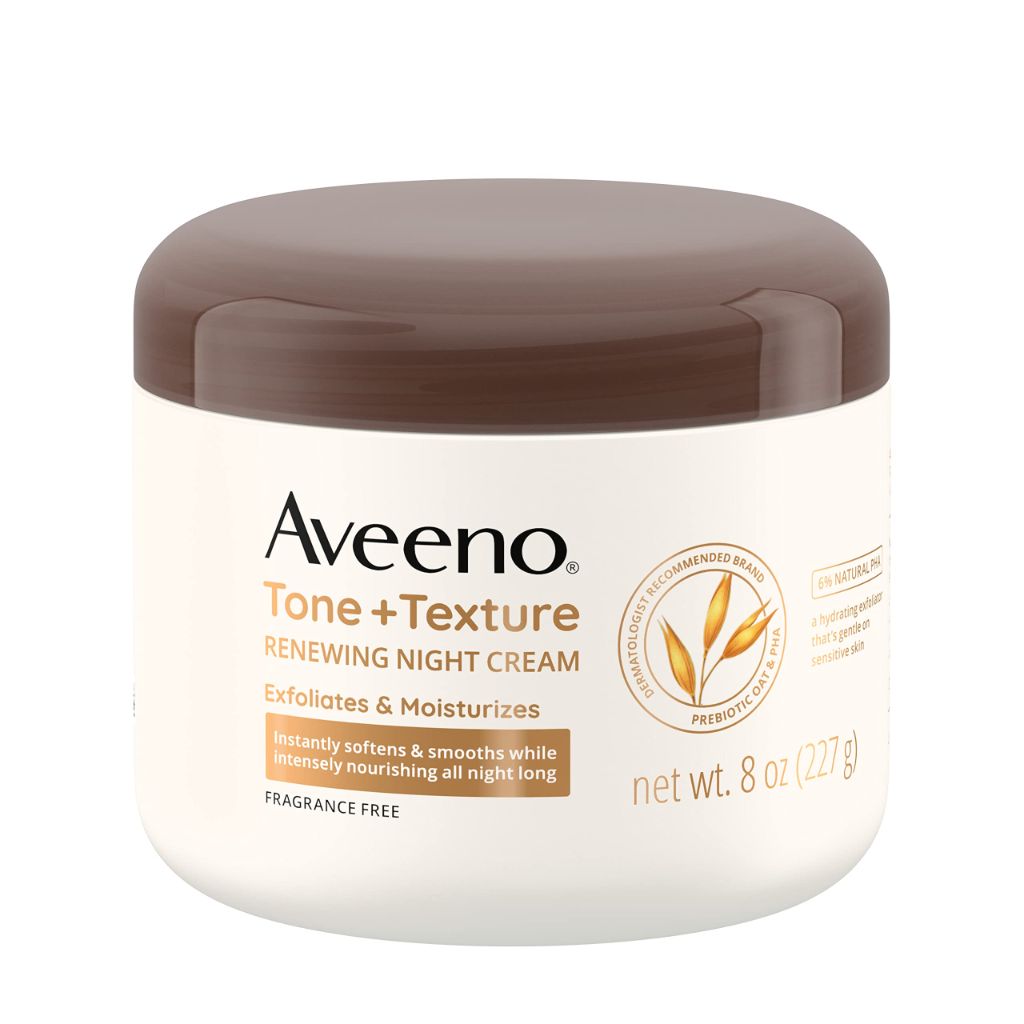 Aveeno Tone + Texture Renewing Body Night Cream With Prebiotic Oat, Gently Exfoliates & Moisturizes Sensitive Skin 8 oz