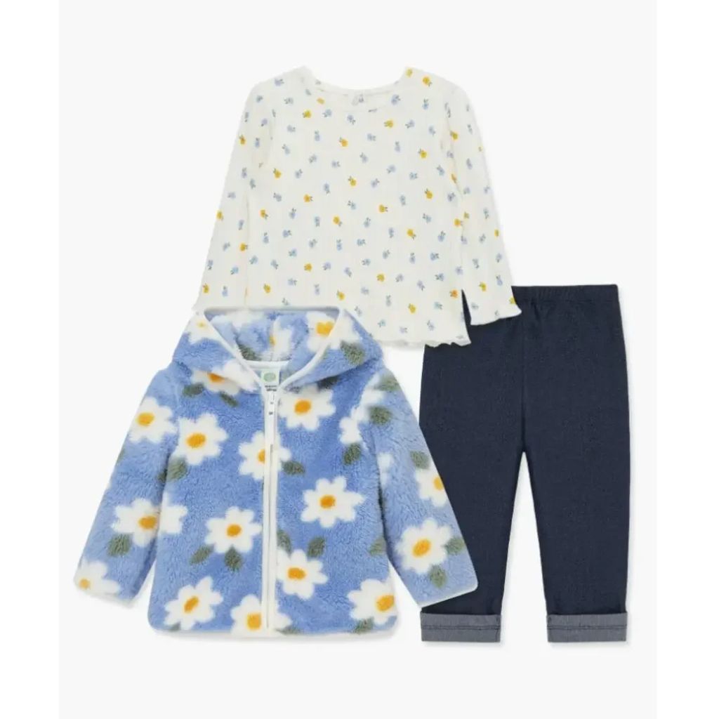 Little Me Clothes for Baby Girls' Floral 3-Piece Sherpa Set, Blue Multicolor, 4 Toddler
