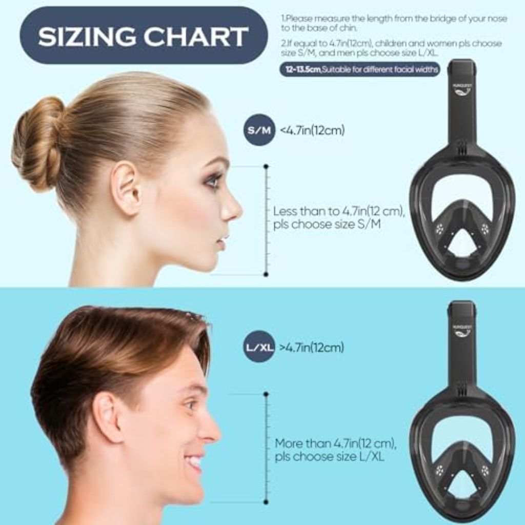 Adult Full Face Snorkel Mask with 180° Anti-Fog HD View and Detachable Camera Mount - Black, L/XL