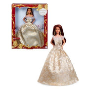Barbie Signature 2025 Holiday Dark Brown Hair Fashion Doll Wearing Silver & Gold Gown, Seasonal Collector in Displayable Packaging & Stand