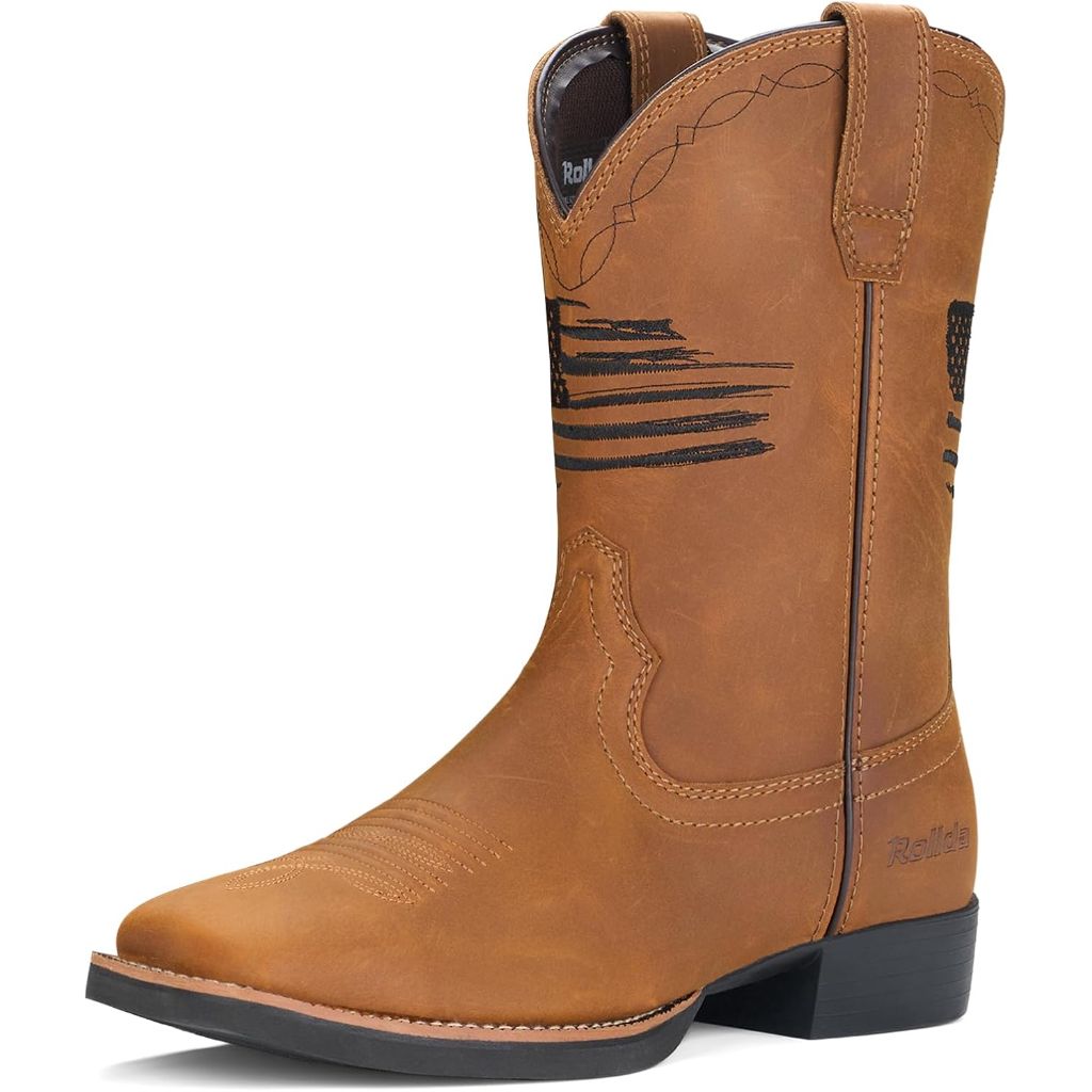 Rollda Leather Cowboy Boots for Men Western Boots Square Toe Chunky Heel Mid-Calf Boots Classic Embroidered with Pull On Tabs