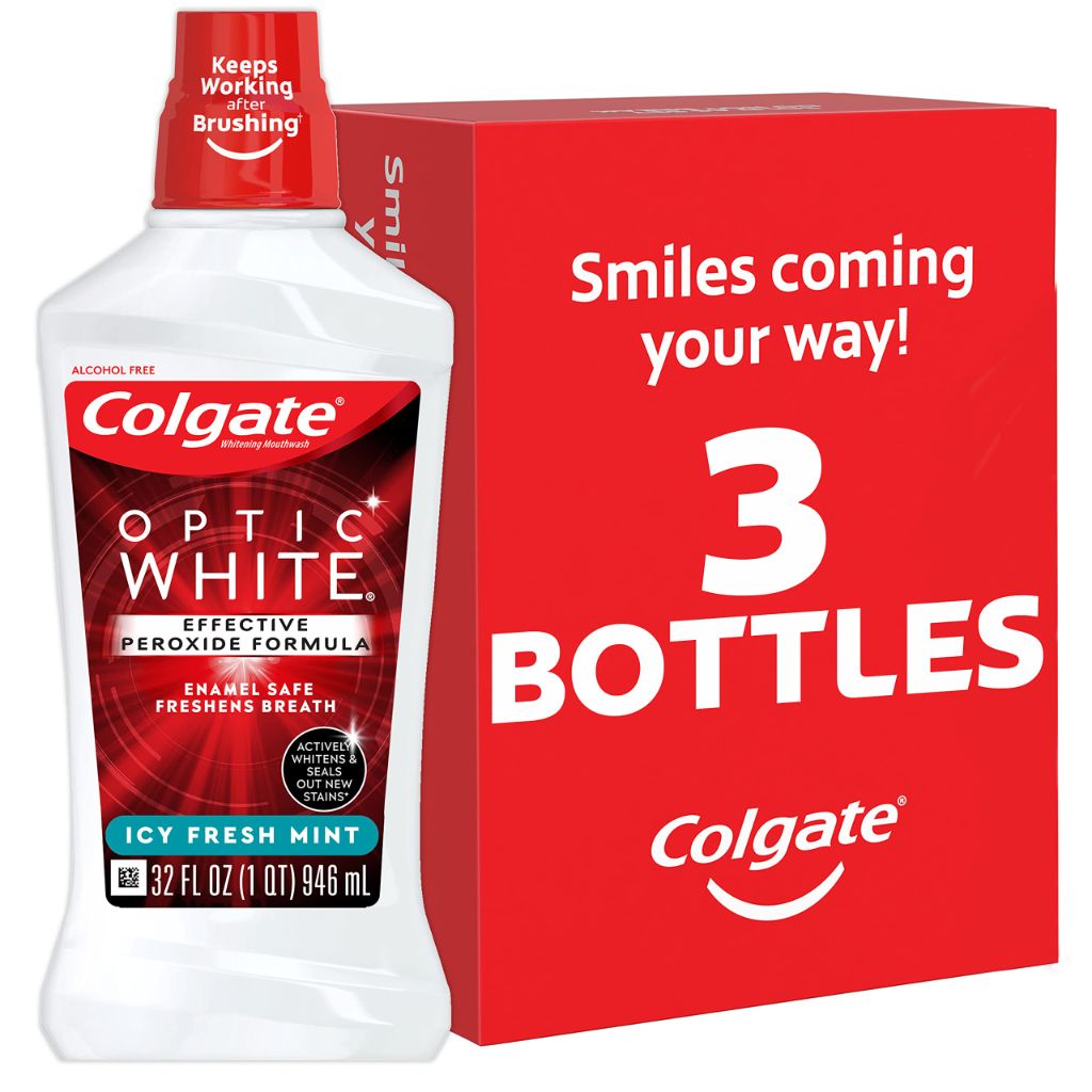 Colgate Optic White Advanced Teeth Whitening Mouthwash, 3 Pack,  ICY Fresh Mint, 32 Oz