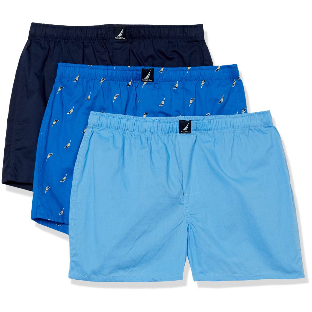 Nautica Men's Cotton Woven 3 Pack Boxer, Peacoat/Aero Blue/Sails Outline, Medium