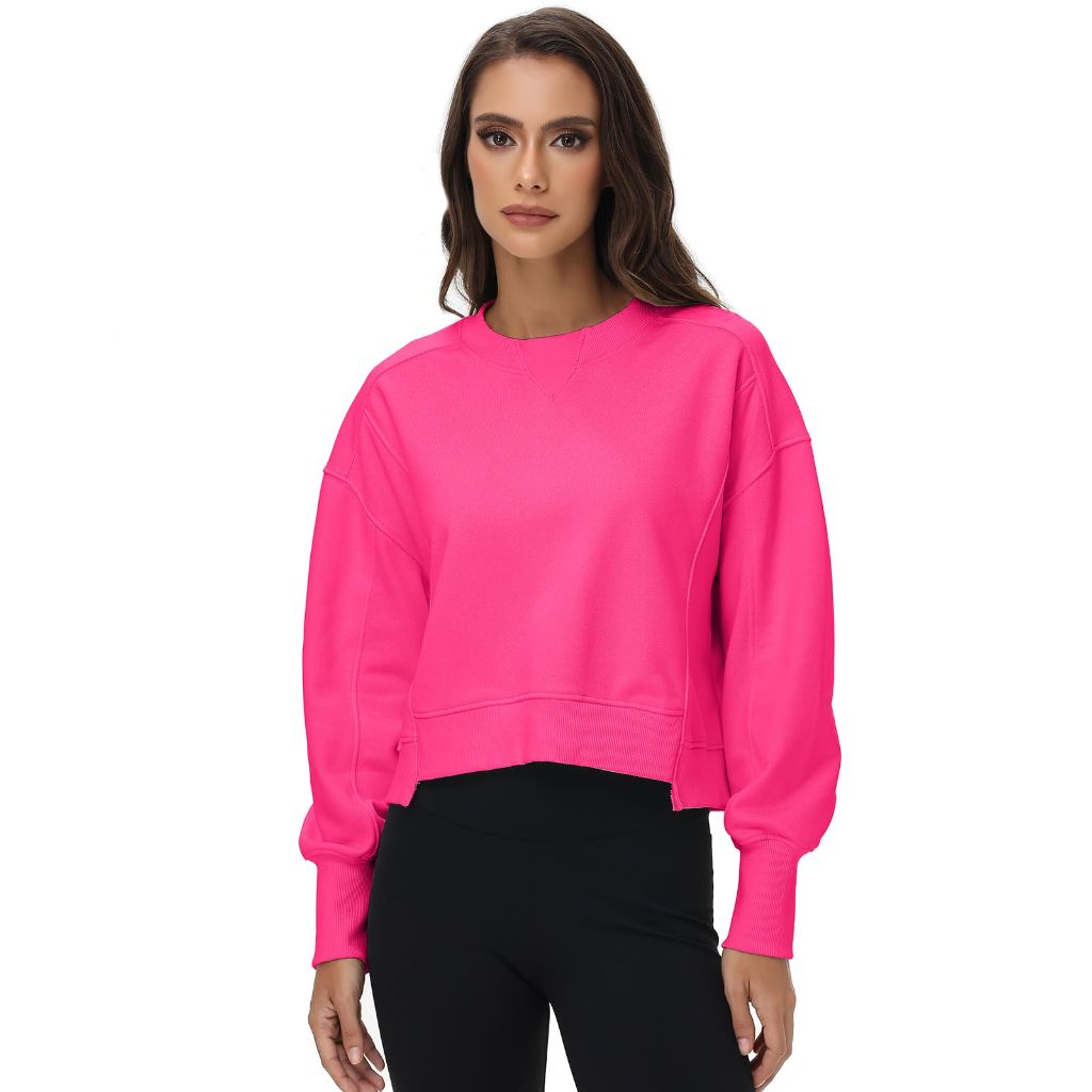 ATOFY Women's Cropped Crewneck Sweatshirts Long Sleeve Oversized Sweatshirt Pullover Fall Crop Top Outfits(Rose,XL)