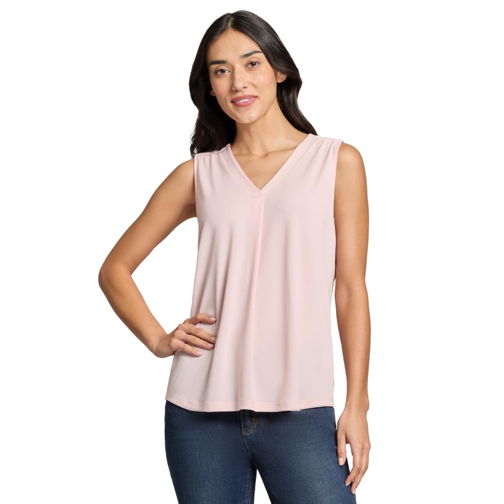 Jones New York Women's Moss Crepe SL V NK Pleat Front Shell, Petal Pink, Small