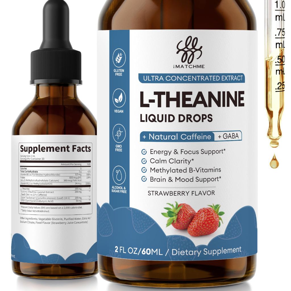 IMATCHME L Theanine L-Theanine Supplement for Adults & Kids, Methylated B6 B12,  2 OZ (Strawberry)