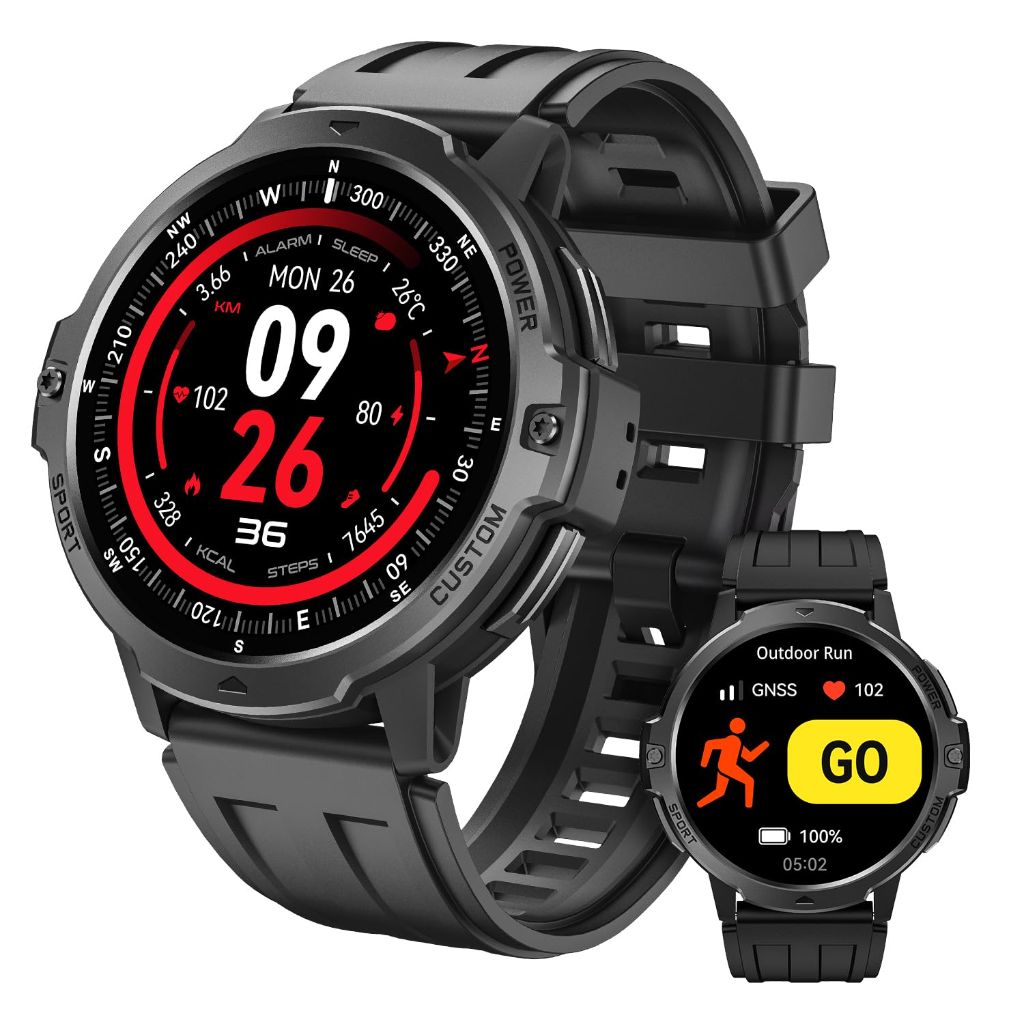 Rugged Smart Watch | 1.46'' Tactical Smartwatch with Bluetooth Calls, Compass | Black