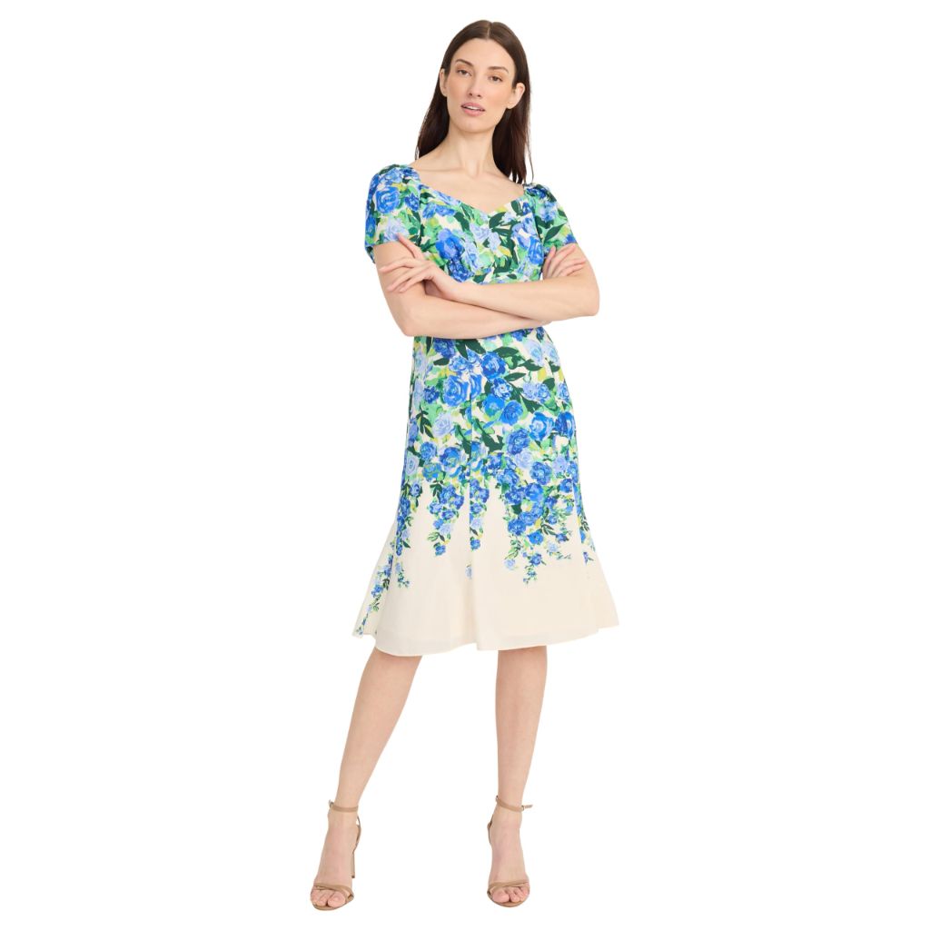 Maggy London Women's Dresses Sweetheart Neckline Floral Dress, Cream/Blue Bonnet, 0
