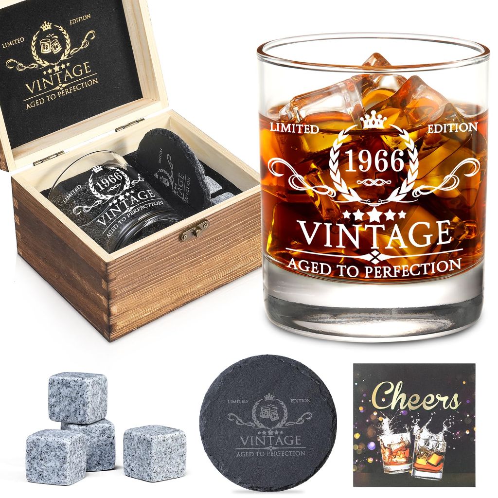 60th Birthday Gifts for Men Whiskey Glass Set - Wood Box & Whiskey Stones & Coaster