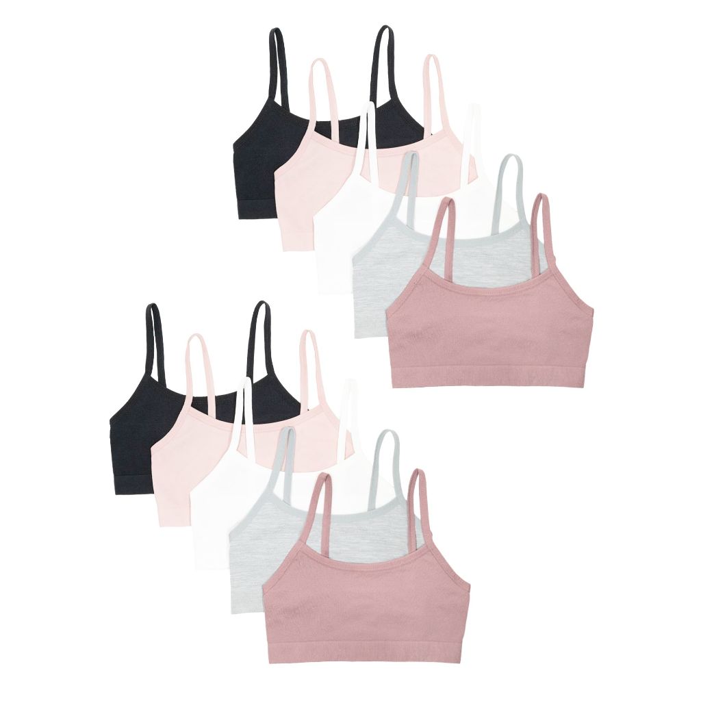 Fruit of The Loom Girls Cotton Training Bras, Bras for Girls 8-10, 10-12 and Bra for Teen Girls 14-16, Big Girl Bra in Fun Colors and Prints Rose Shadow/Premium Plum/White/Grey Heather/Black S