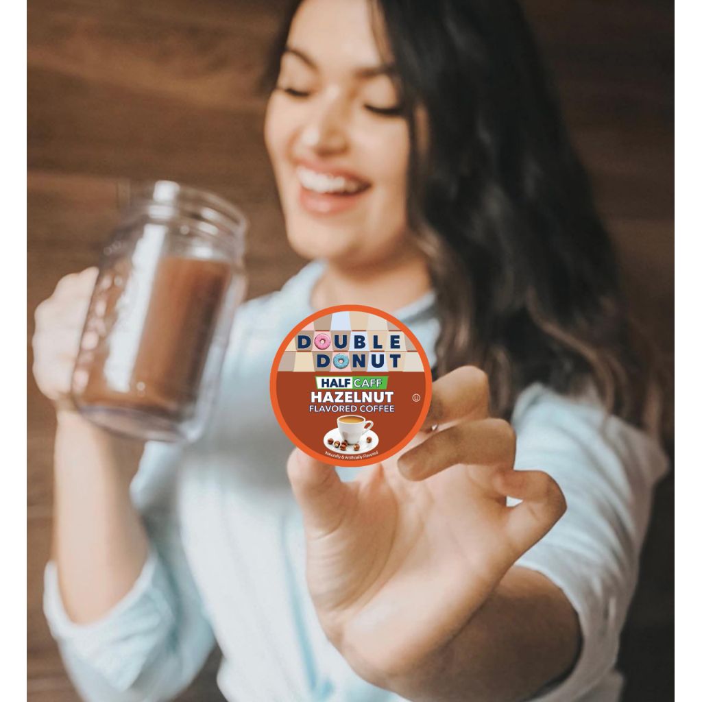 Double Donut Coffee Half Caff Hazelnut Flavored Coffee Pods, Medium Roast Coffee Compatible with Keurig K Cups Brewers 72 ct