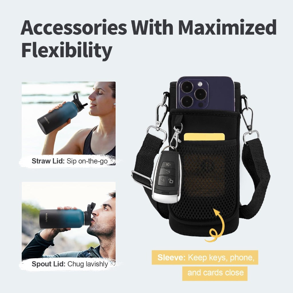 32 oz Insulated, Stainless Steel Water Bottle with Paracord Handle, Straw Spout Lids, & DIY Stickers - Blue/Black Gradient