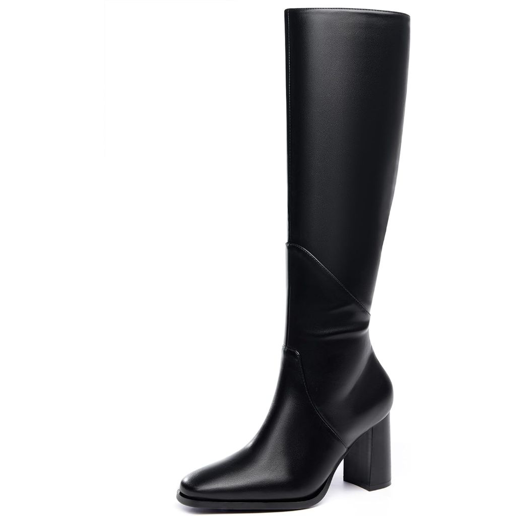 Coutgo Womens Knee High Boots Square Toe Chunky Block Heel Side Zipper Faux Suede Long Boots Fall Winter Shoes