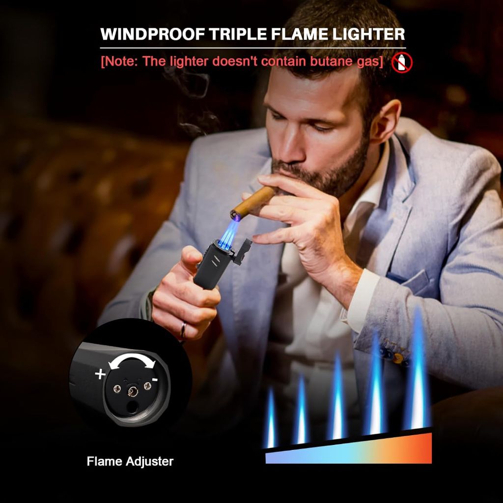 Moniup Cigar Torch Lighter with Triple Flame, 2 Cigar Holders, Cigar Draw Enhancer, Cigar Punch, Refillable Butane