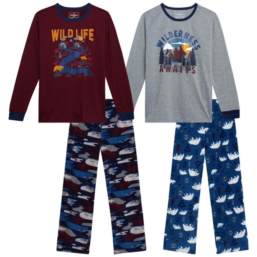 Eddie Bauer Boys' Pajama Set - 4 Piece Matching Fleece Graphic Pajama Tops and Pajama Pants, Size Medium, Maroon