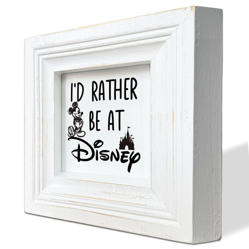 Lovely Desk Sign, Farmhouse Table Shelf Decoration, Home Decor Signs, Interesting Office Workplace Decor for Disney Lover, I'd Rather Be At Disney, Distressed White Wood Sign 5.9 * 5.9 * 1.2inches