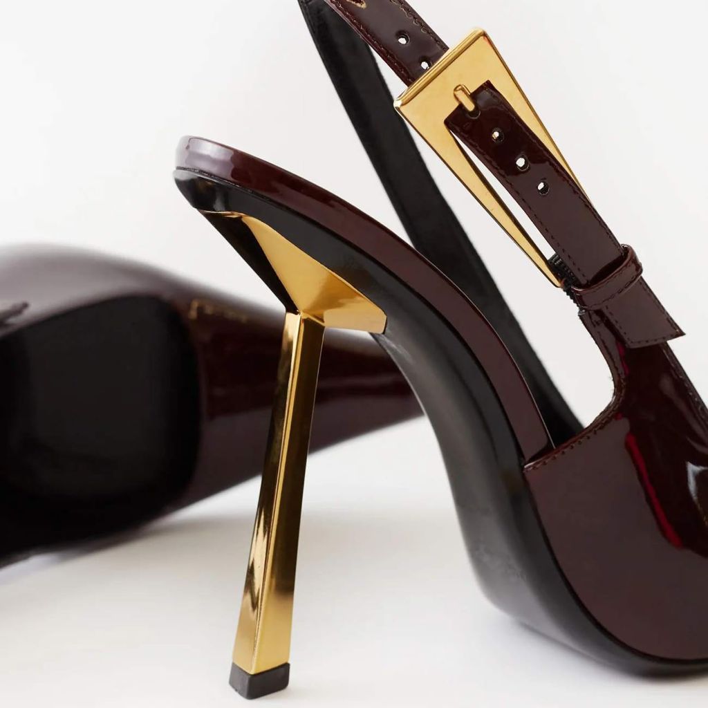 THESHY Women's Slingback Stiletto High Heels Square Toe Metal Buckle Pumps Backless Patent Leather Fashion Dress Shoes for Women Burgundy