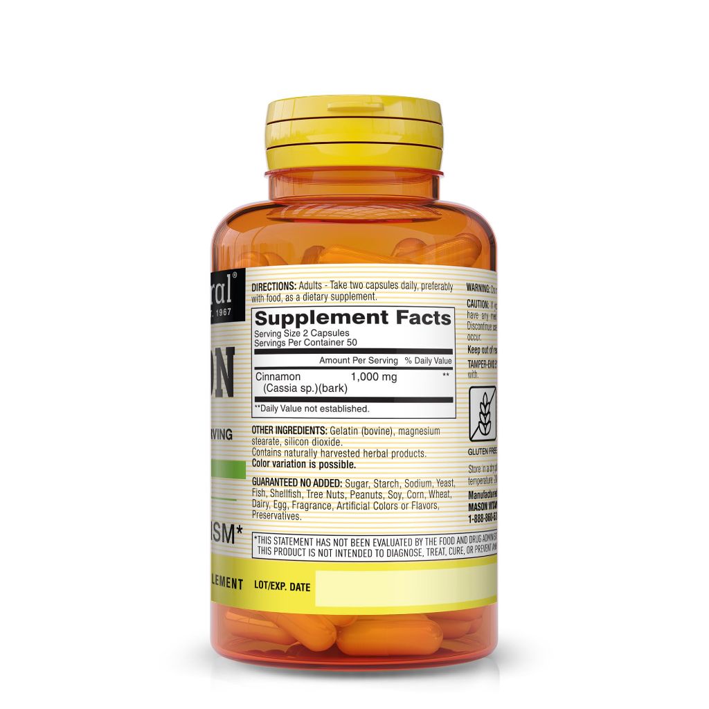 MASON NATURAL Cinnamon 1000 mg Natural Dietary Supplement Capsules, 100 Ea