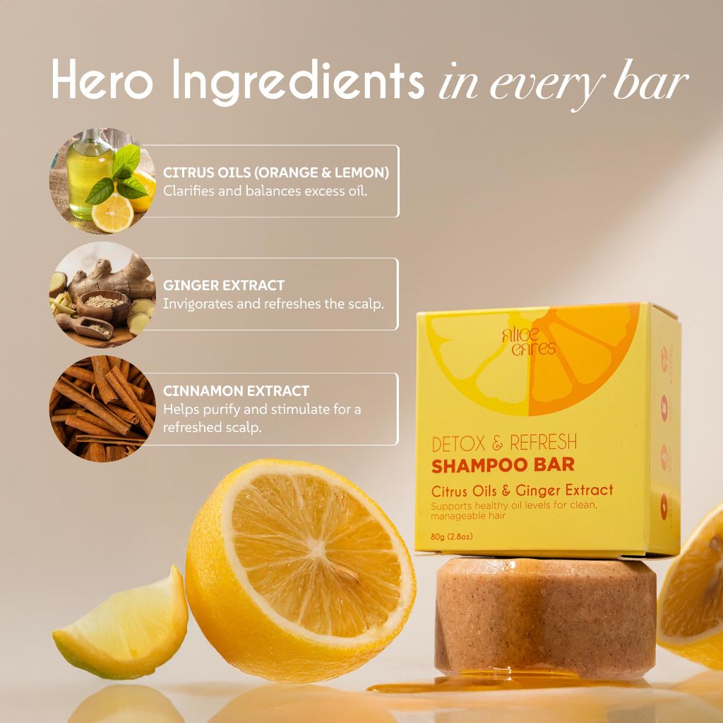 Alice Cares Detox & Refresh Shampoo Bar for Oily Hair – with Citrus Oils, Ginger & Cinnamon Extracts 2.8oz