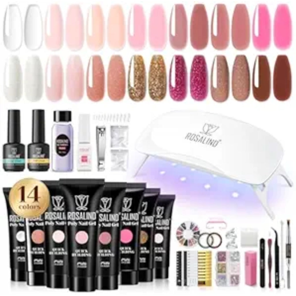 ROSALIND Poly Nail Gel Kit Starter -14 Colors + 72 Nail Art Accessories kit Builder Clear Pink Glitter Gel with Mini U V Lamp Nude Pink Strengthener 3D Molding