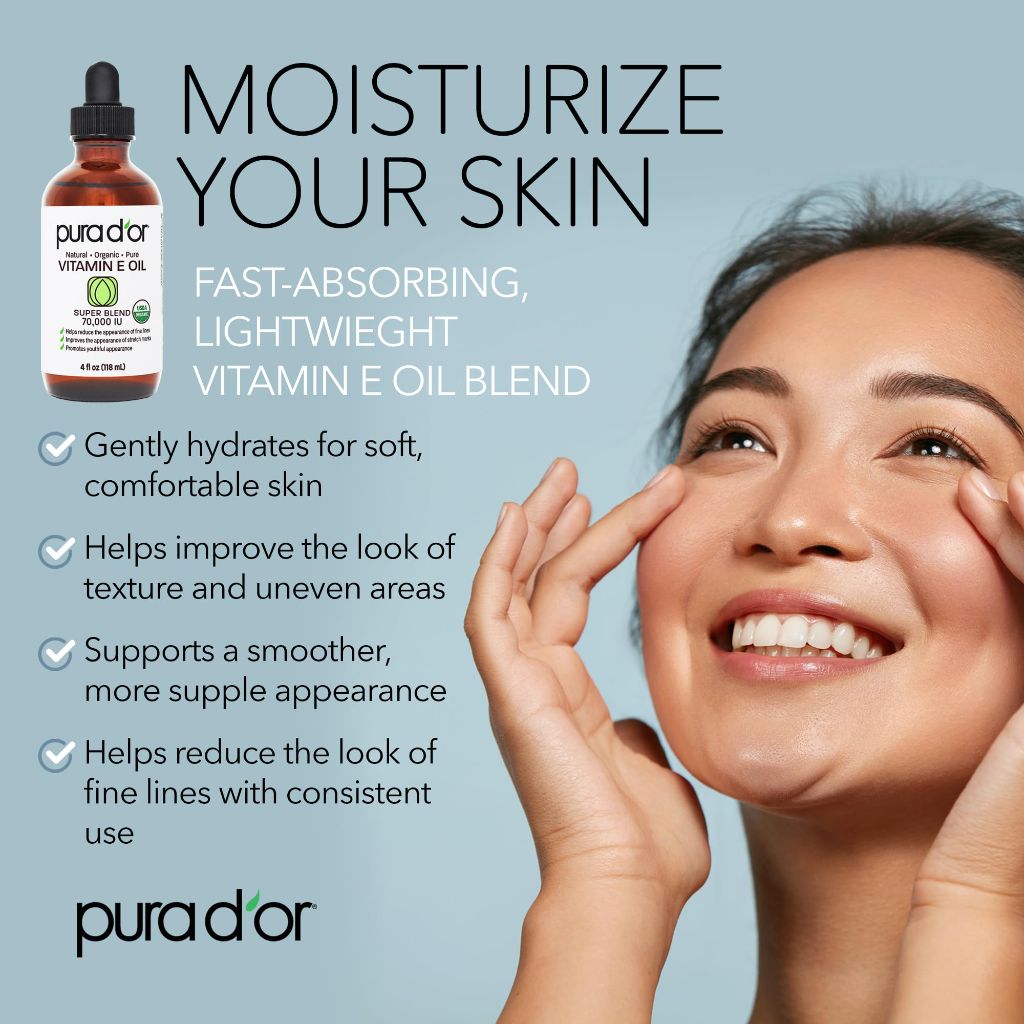 PURA D'OR Organic Vitamin E Oil 70,000 IU for Face, Body, Hair, & Bath - 4 fl. oz.