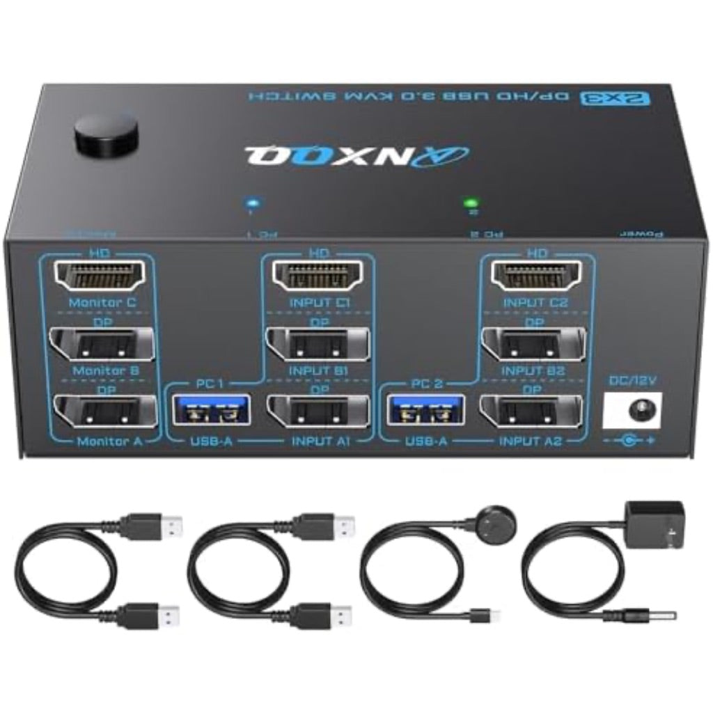 HDMI + 2 Displayport KVM Switch 3 Monitors 2 Computers, ANXQQ 8K@60Hz 4K@144Hz Triple Monitor KVM, Monitor Switch for 2 Computers 3 Monitors with 4 USB 3.0 Ports, Wired Remote and Power Adapter