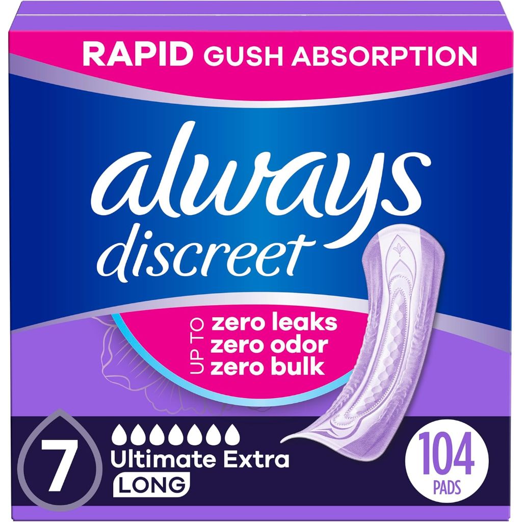 Always Discreet Adult Incontinence Pads for Women, Ultimate Extra Absorbency, Long Length, Postpartum Pads, 104 Count