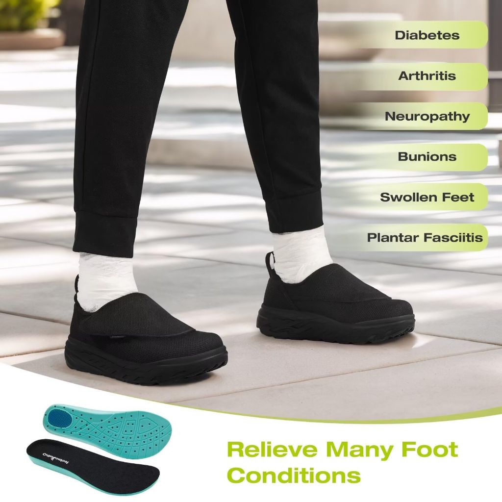 Men's Orthopedic Diabetic Extra Wide Walking Shoes: Comfort Heel and Foot Pain Loafers with Cushion Thick Sole for Plantar Fasciitis, Adjustable Hook and Loop Shoes with Arch Support Black Size 12