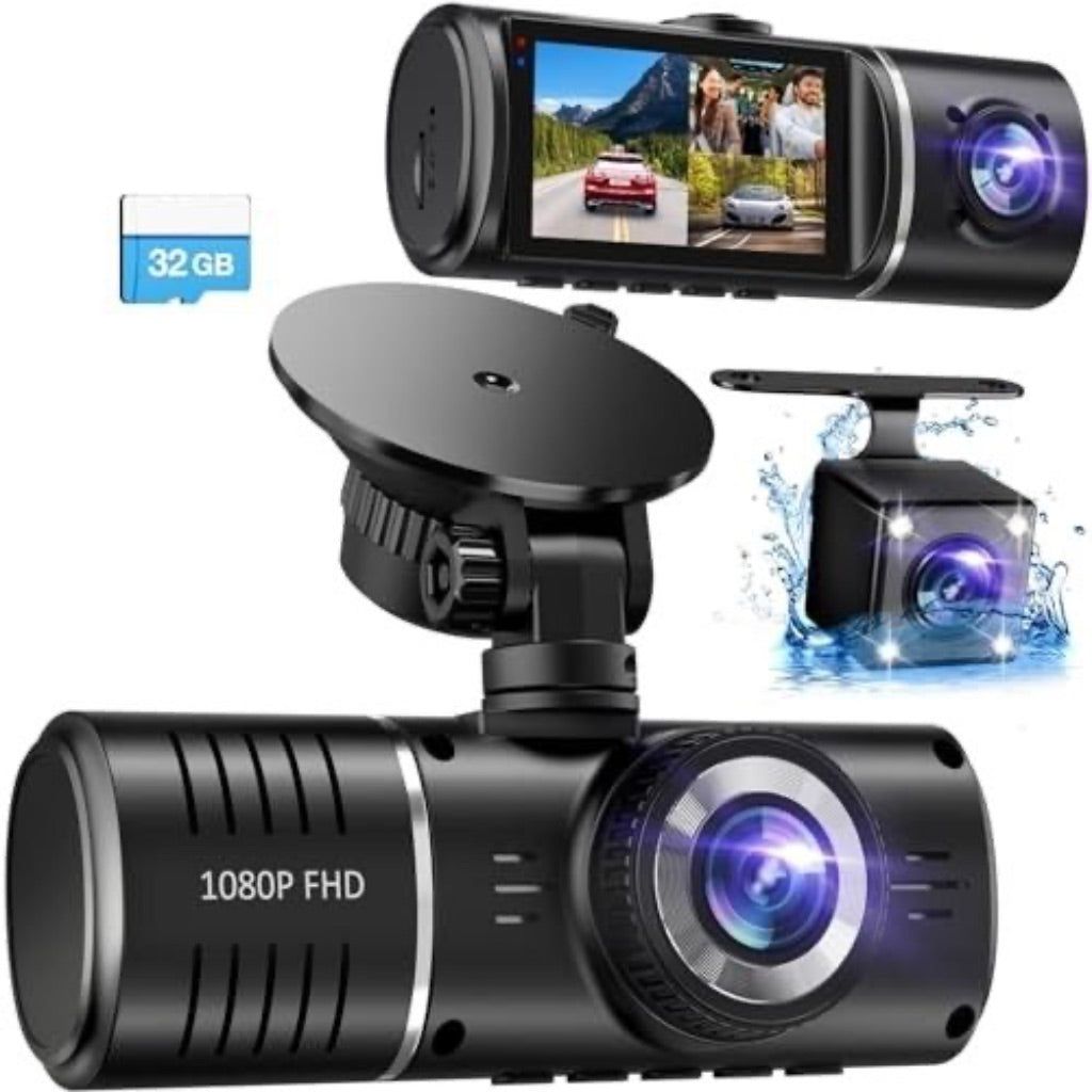 SUVCON 3 Channel Dash Cam, 1080P Front and Inside with 32GB Card, HDR, G-Sensor, 24Hr Parking