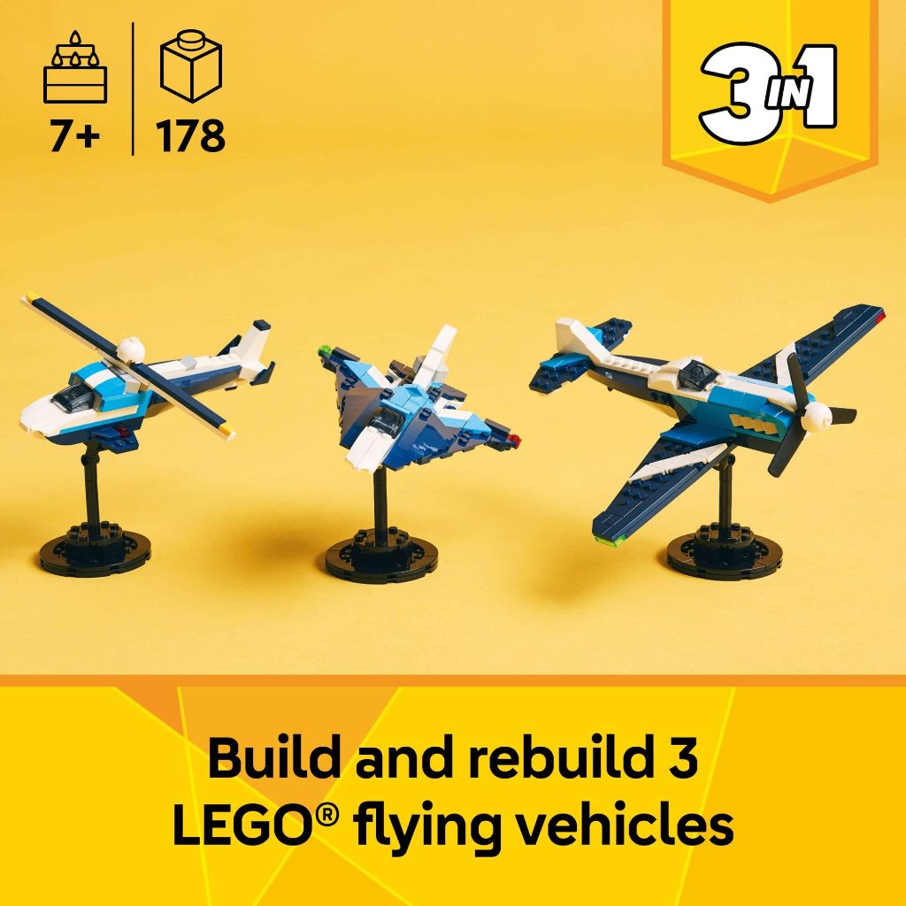 LEGO Creator 3 in 1 Aircraft Race Plane Toy - Building Toy with 3 Building Options, Airplane, Fighter Jet, or Helicopter