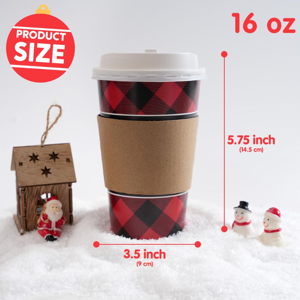 JOYIN 24 PCS Christmas Buffalo Plaid Paper Cups with Sleeves and Lids, 6 Designs 16 oz Xmas Drinkware Coffee Cups