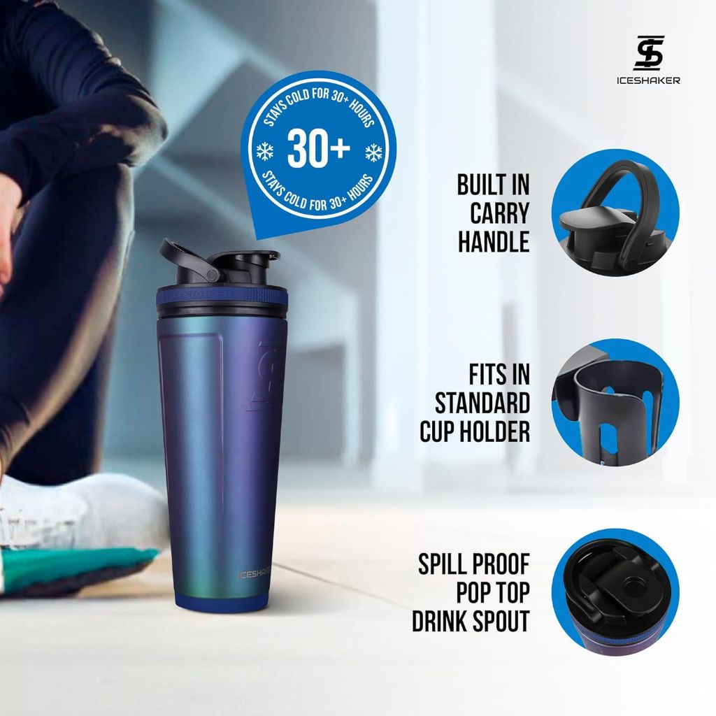 Ice Shaker Insulated Stainless Steel 36oz Shaker Bottle, 30+ Hours Cold, Navy