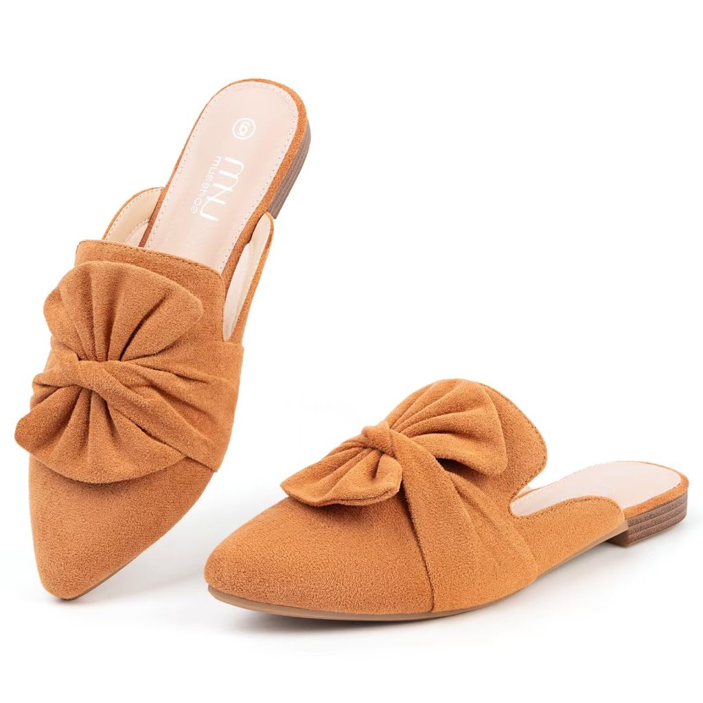 MUSSHOE Suede Bowknot Mules for Women, Tan Suede - size 8.5