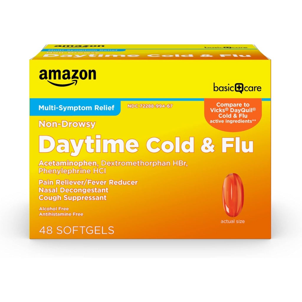 Amazon Basic Care Daytime Cold and Flu Relief, Non-Drowsy, 48 Softgels