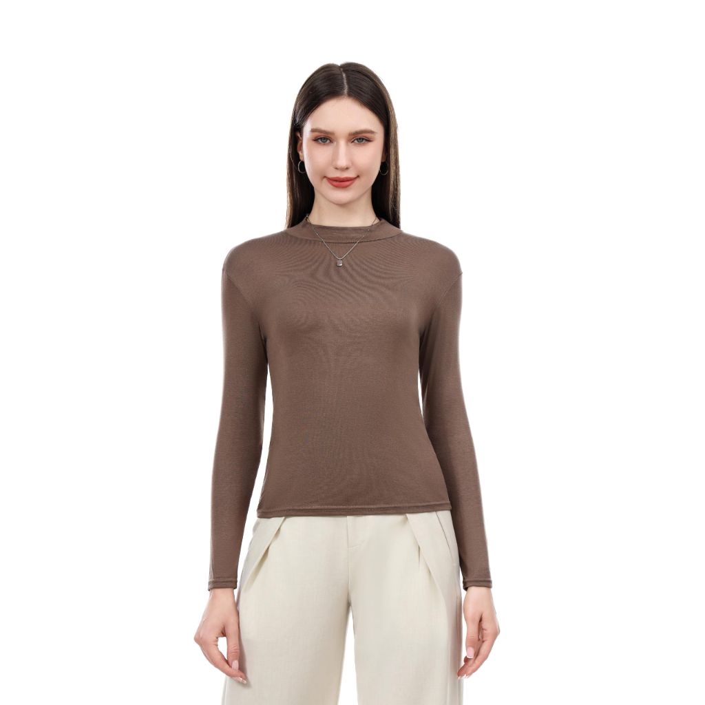 VELNIA Women's Thermal Shirt Mock Neck Long Sleeve Undershirt, Brown, Medium