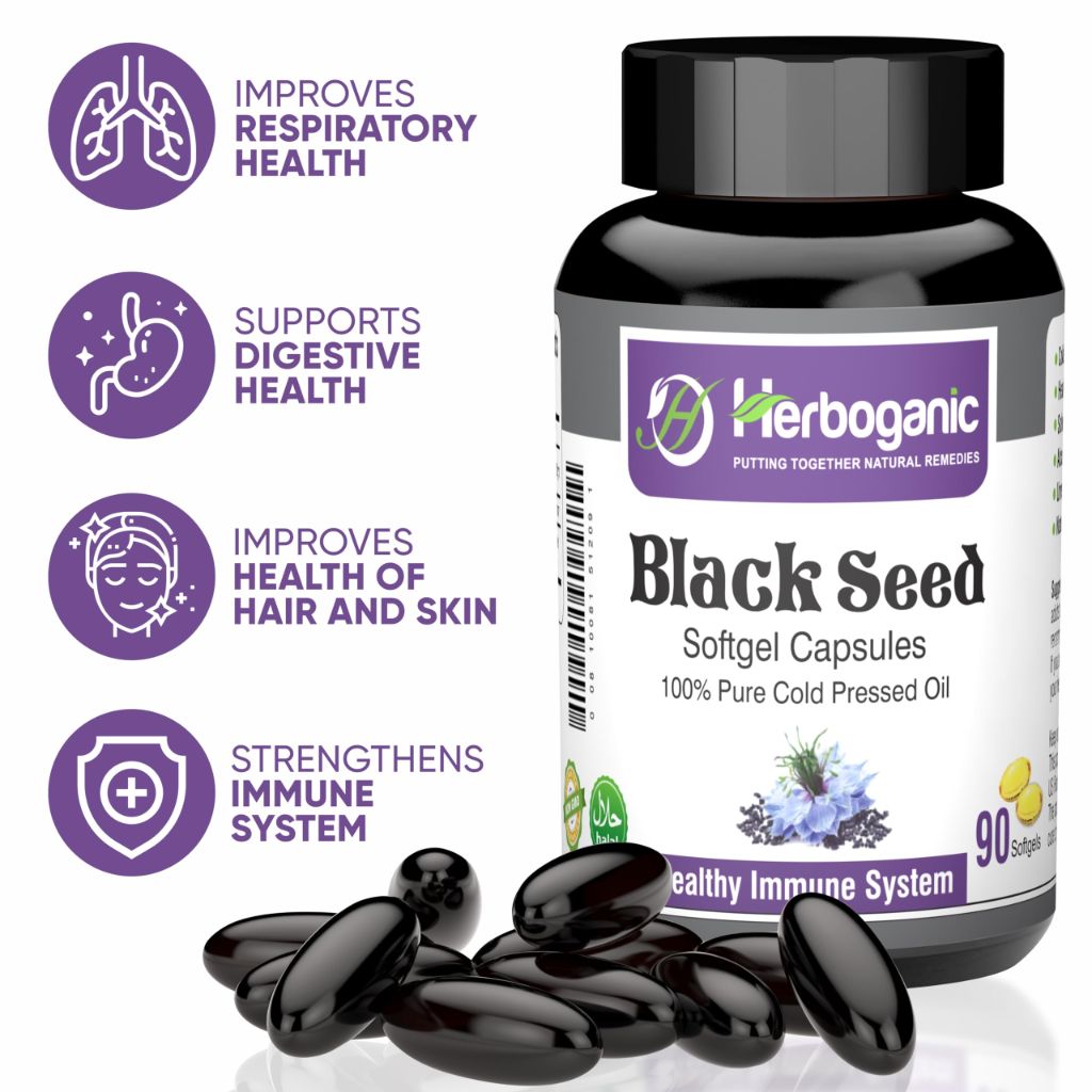 HERBOGANIC Cold Pressed Black/Seed Oil Softgels Capsules - 90 Count - Blended with Other Herbal Products-Supports Overall Health welness and Immunity (Black-Seed)